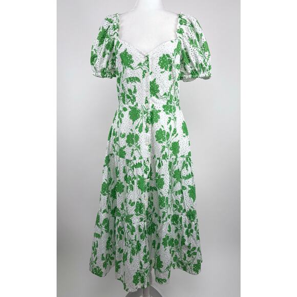 Rachel Parcell Stencil Eyelet Puff Sleeve Floral Midi Dress Size Medium Cottage - Picture 2 of 13